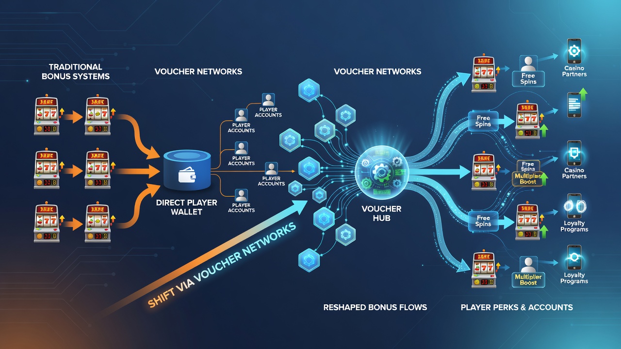 Diagram showing data flows between retail vouchers and online slot bonus ledgers