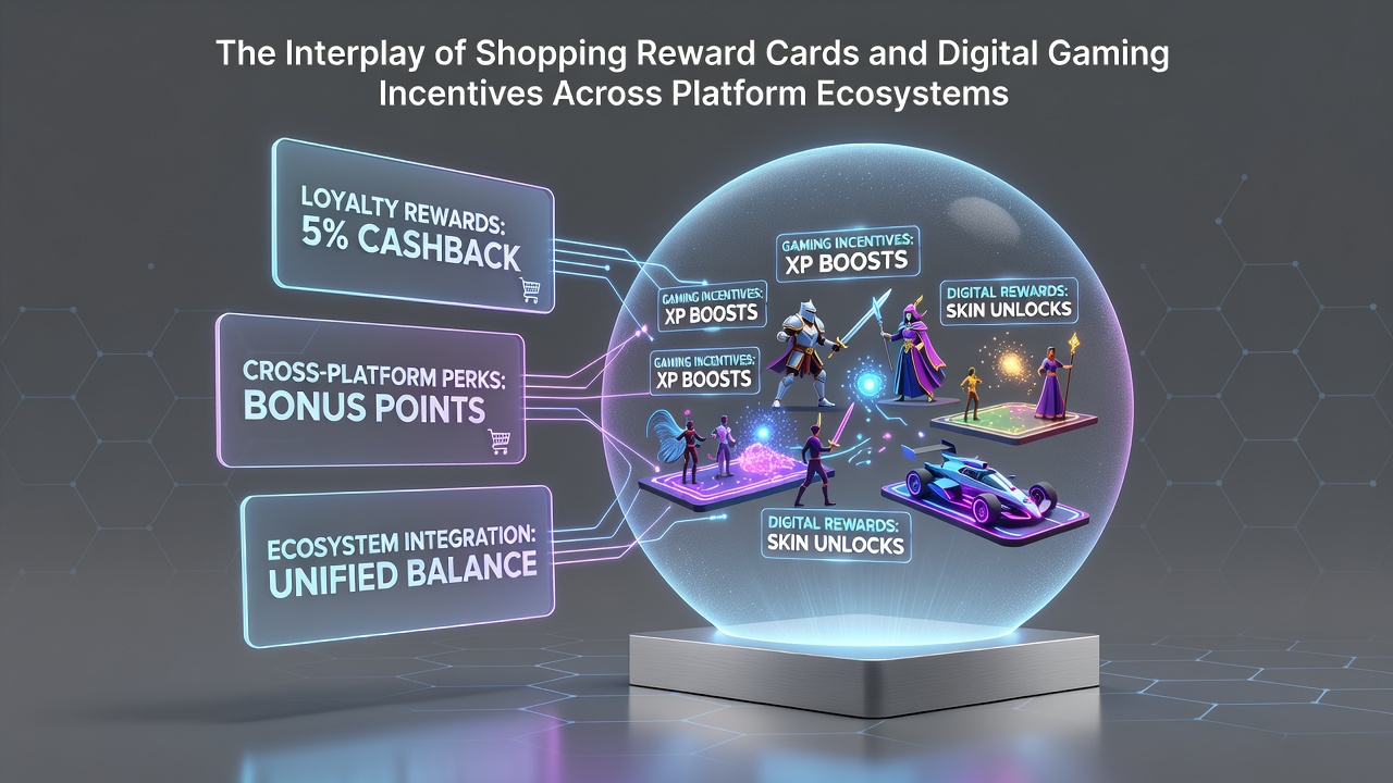 Retail loyalty cards displayed alongside gaming platform interfaces showing integrated reward points