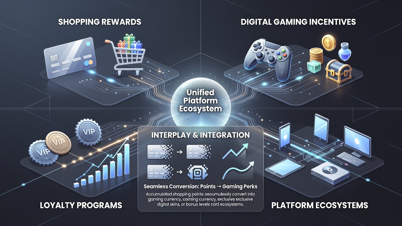 Infographic illustrating point transfers between shopping loyalty programs and video game reward balances